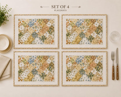 Vintage Calico Floral Quilted Placemats, Patchwork Farmhouse Table Mats, Country Cottage Dining Decor by HOME HEART Brands (Made in India)”