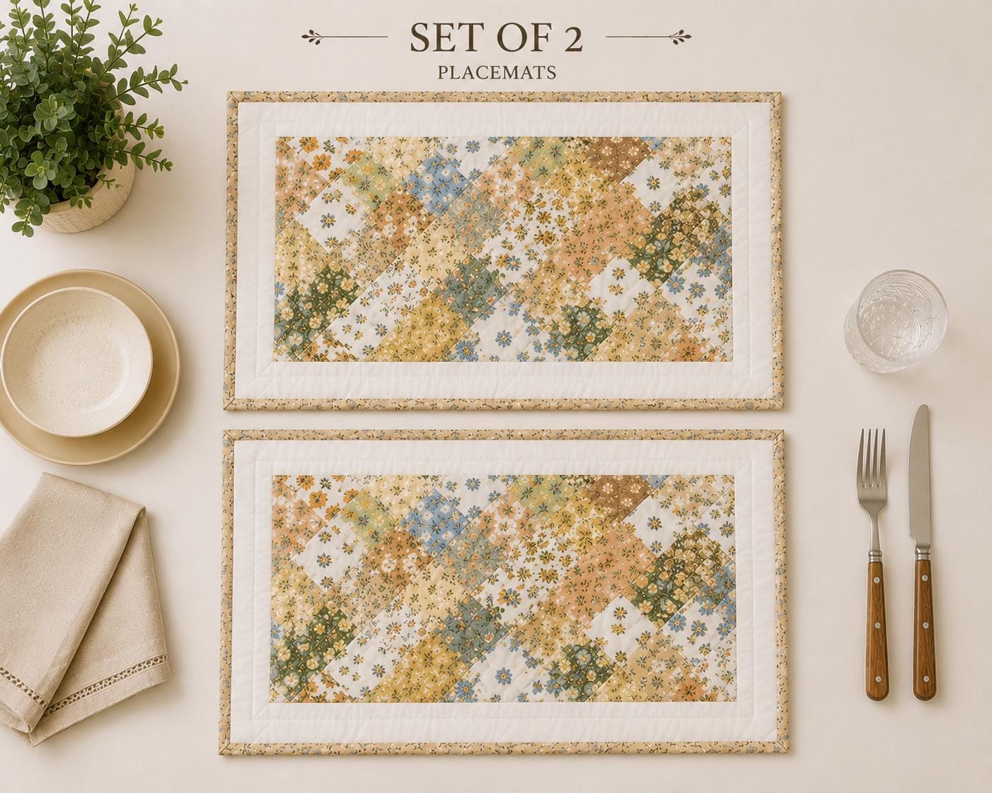 Vintage Calico Floral Quilted Placemats, Patchwork Farmhouse Table Mats, Country Cottage Dining Decor by HOME HEART Brands (Made in India)”