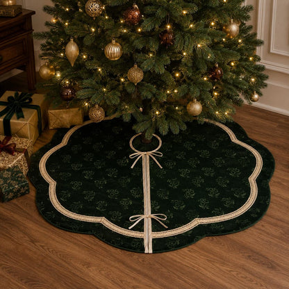 Elegant Floral Velvet Christmas Tree Skirt, Scalloped Tree Skirt with Champagne Trim, Luxury Holiday Tree Decor by HOME HEART Brands