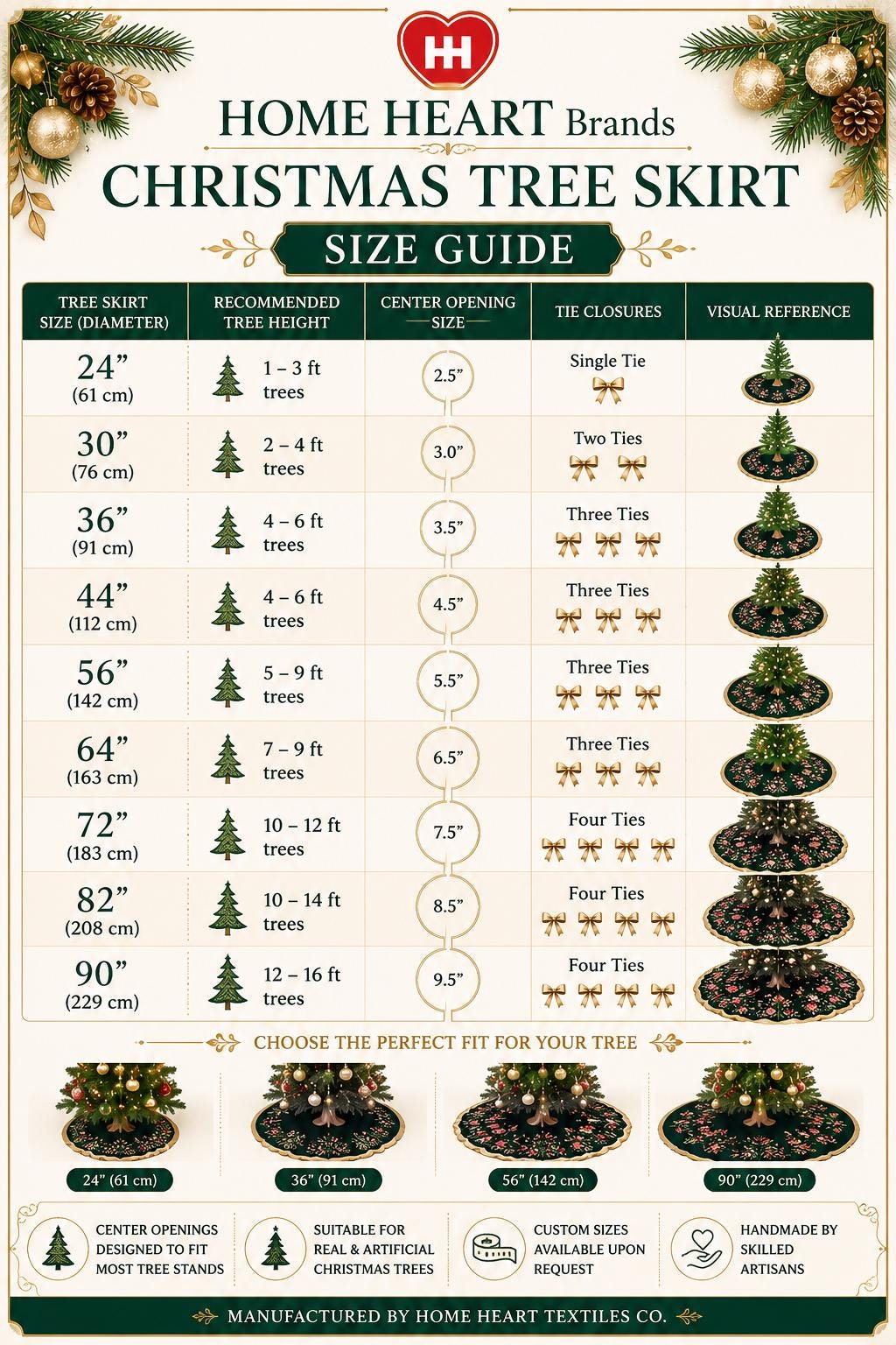 Elegant Floral Velvet Christmas Tree Skirt, Scalloped Tree Skirt with Champagne Trim, Luxury Holiday Tree Decor by HOME HEART Brands
