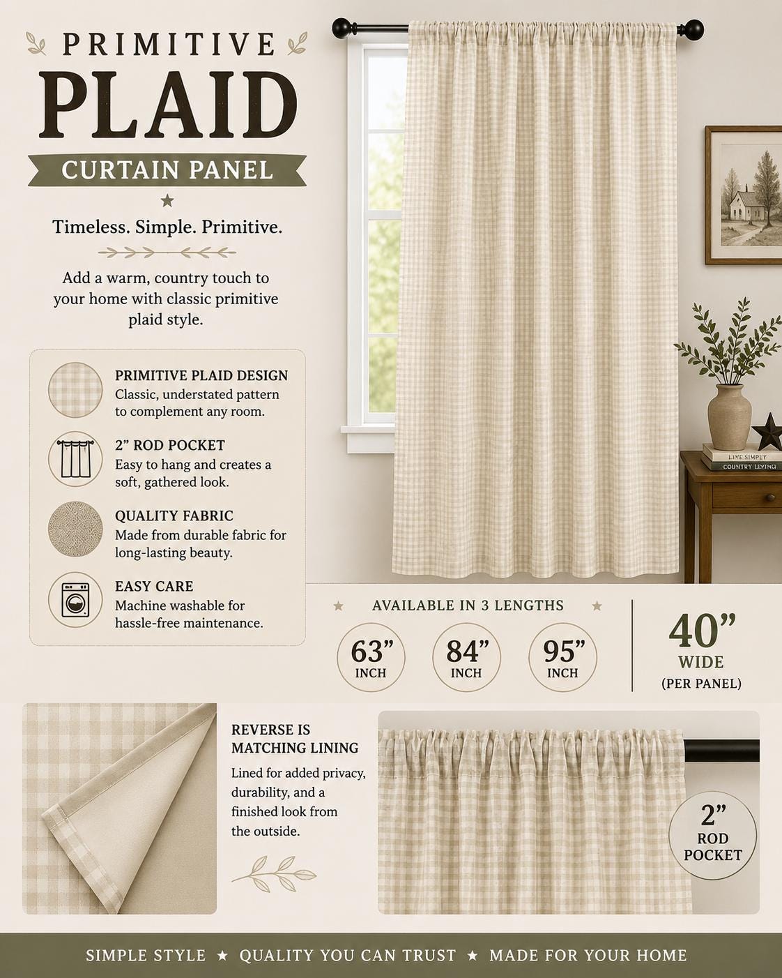 Primitive wheat Plaid curtain Panel with Lining and Rod Pocket Farmhouse Curtain Country Rustic Window Treatment Heritage Plaid Collection