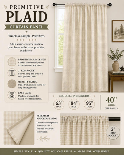 Primitive wheat Plaid curtain Panel with Lining and Rod Pocket Farmhouse Curtain Country Rustic Window Treatment Heritage Plaid Collection