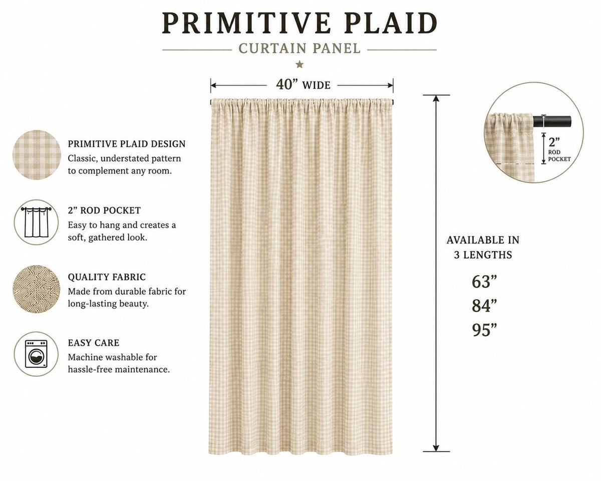 Primitive wheat Plaid curtain Panel with Lining and Rod Pocket Farmhouse Curtain Country Rustic Window Treatment Heritage Plaid Collection