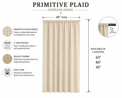 Primitive wheat Plaid curtain Panel with Lining and Rod Pocket Farmhouse Curtain Country Rustic Window Treatment Heritage Plaid Collection