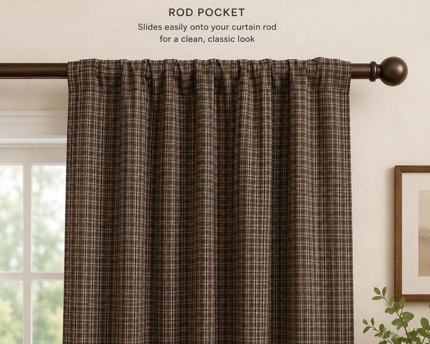 Primitive Plaid Curtain Panel with Khaki Lining Rod Pocket Farmhouse Curtain Country Rustic Window Treatment Heritage Plaid Collection