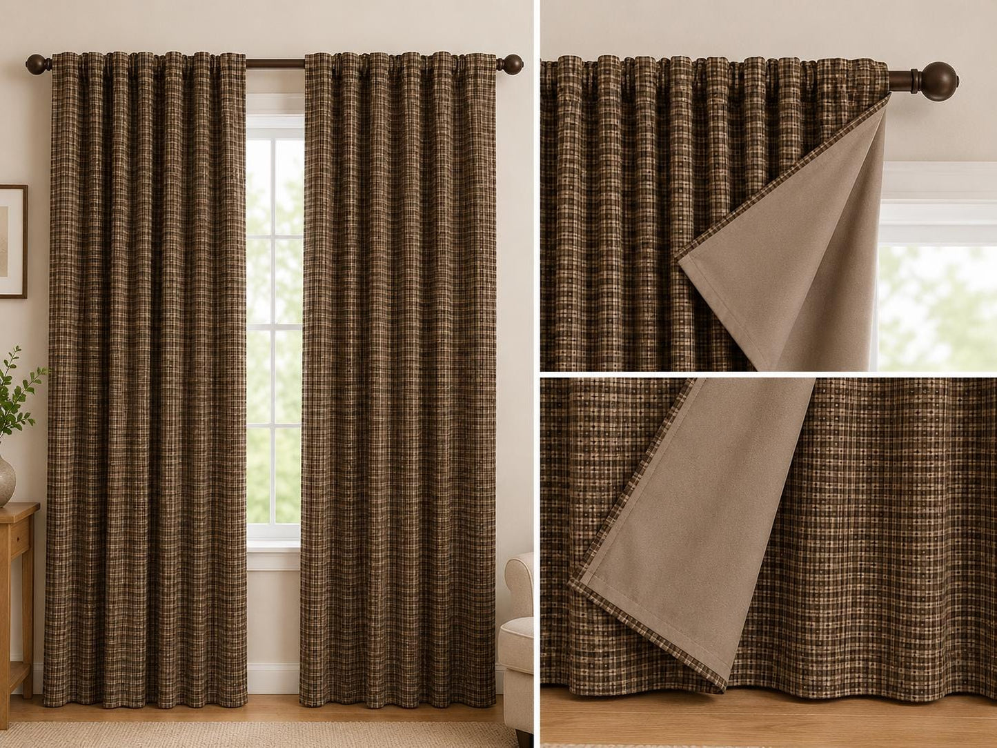 Primitive Plaid Curtain Panel with Khaki Lining Rod Pocket Farmhouse Curtain Country Rustic Window Treatment Heritage Plaid Collection
