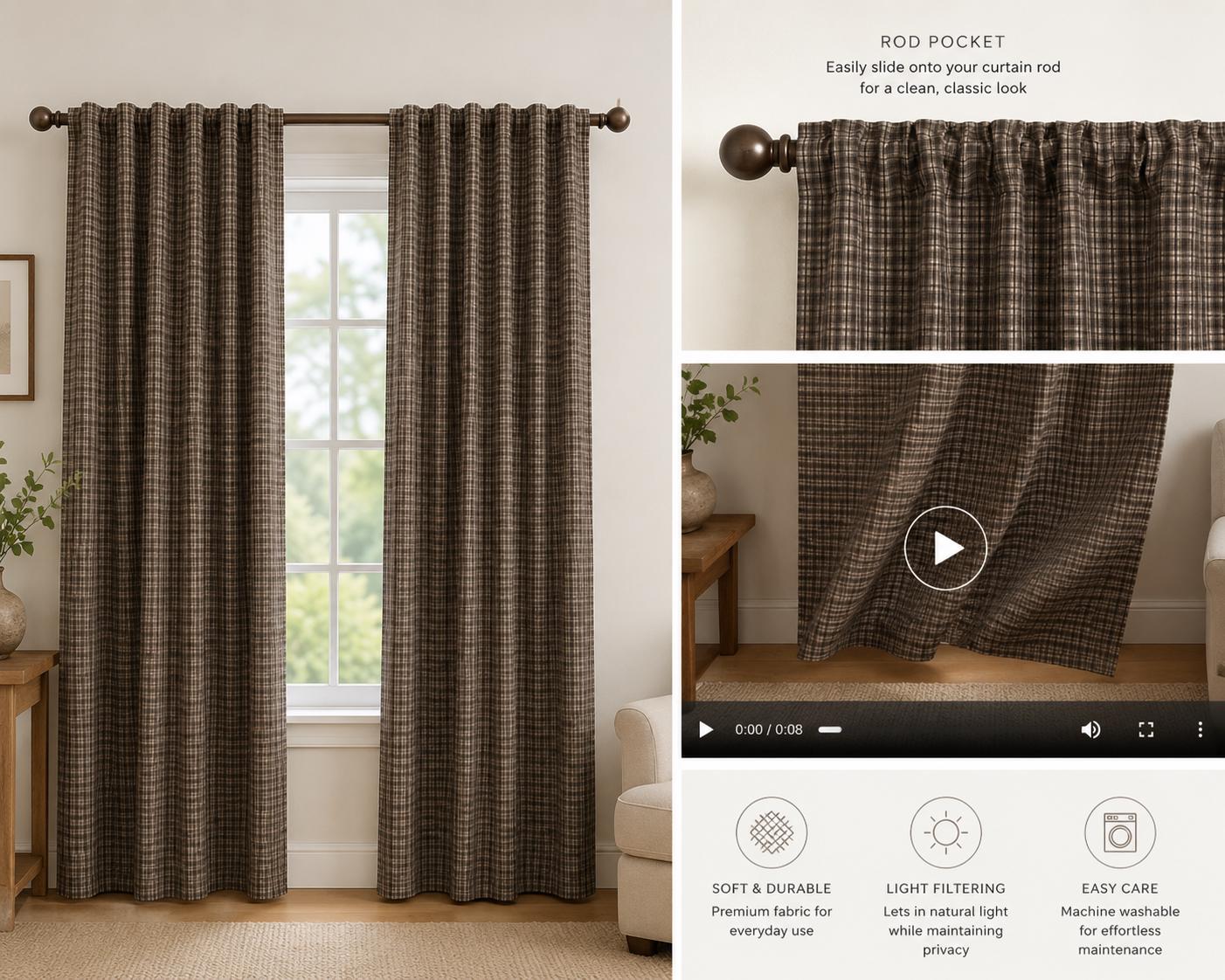 Primitive Plaid Curtain Panel with Khaki Lining Rod Pocket Farmhouse Curtain Country Rustic Window Treatment Heritage Plaid Collection