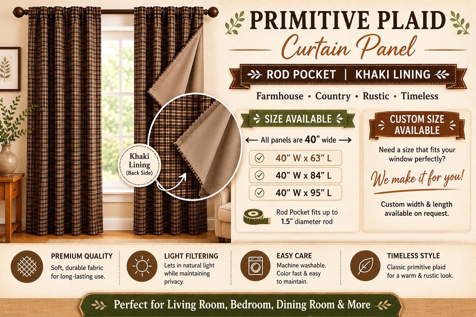 Primitive Plaid Curtain Panel with Khaki Lining Rod Pocket Farmhouse Curtain Country Rustic Window Treatment Heritage Plaid Collection