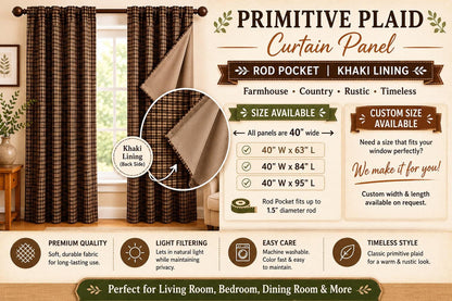 Primitive Plaid Curtain Panel with Khaki Lining Rod Pocket Farmhouse Curtain Country Rustic Window Treatment Heritage Plaid Collection