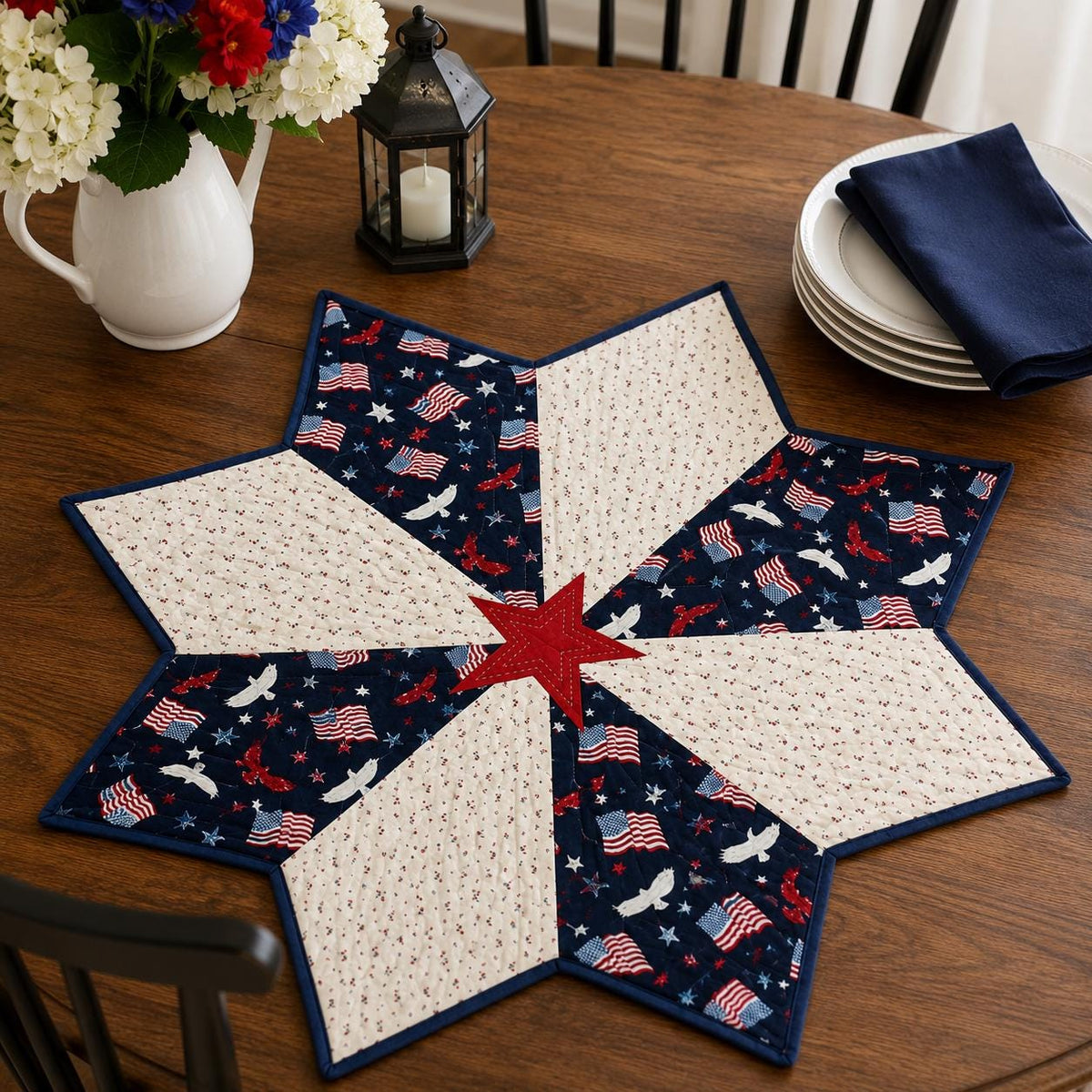Patriotic Star Table Topper, Americana Quilted Farmhouse Centerpiece, USA Flag Country Table Décor by Home Heart Brands ( Made in India)