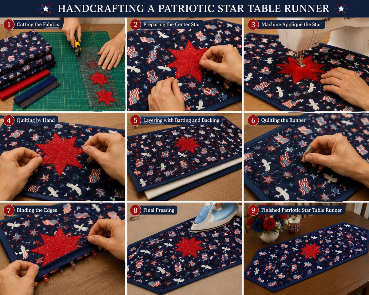 Patriotic Stars & Flags Quilted Table Runner / Wall Hanging, 14"x46" Americana Farmhouse Décor by HOME HEART BRANDS (Made in India)