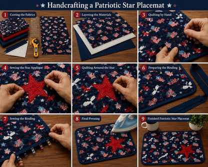 Patriotic Star Quilted Placemat 14"x19" size ,Americana farmhouse mat, Country USA Flag Dining Décor by Home Heart Brands (Made in India)