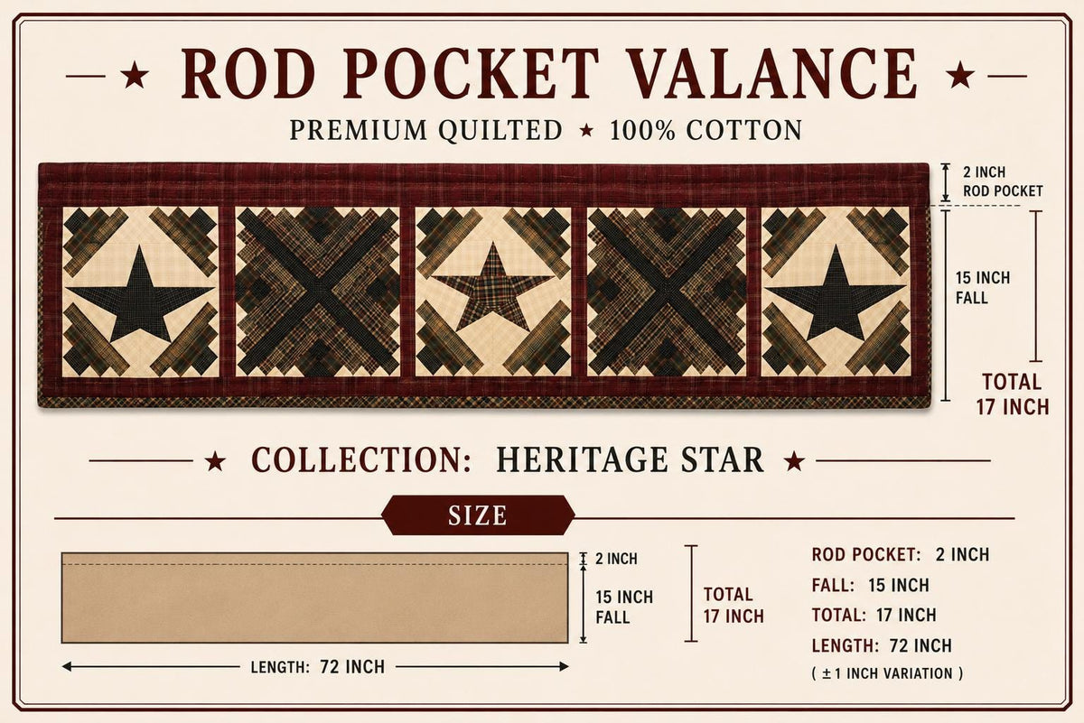 Primitive Cabin Star Window Valance Quilted Rod Pocket Farmhouse Valance Rustic Country Curtain Topper 72"x17" by Home Heart Brands