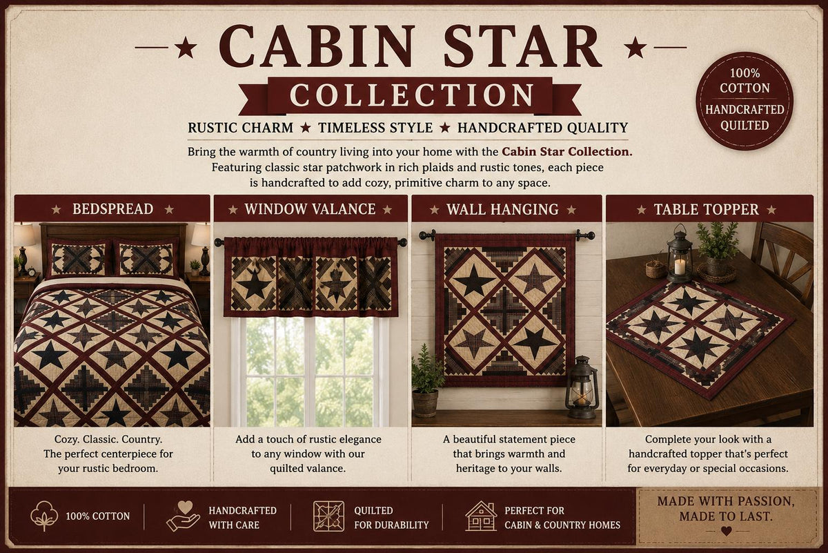 Primitive Cabin Star Window Valance Quilted Rod Pocket Farmhouse Valance Rustic Country Curtain Topper 72"x17" by Home Heart Brands