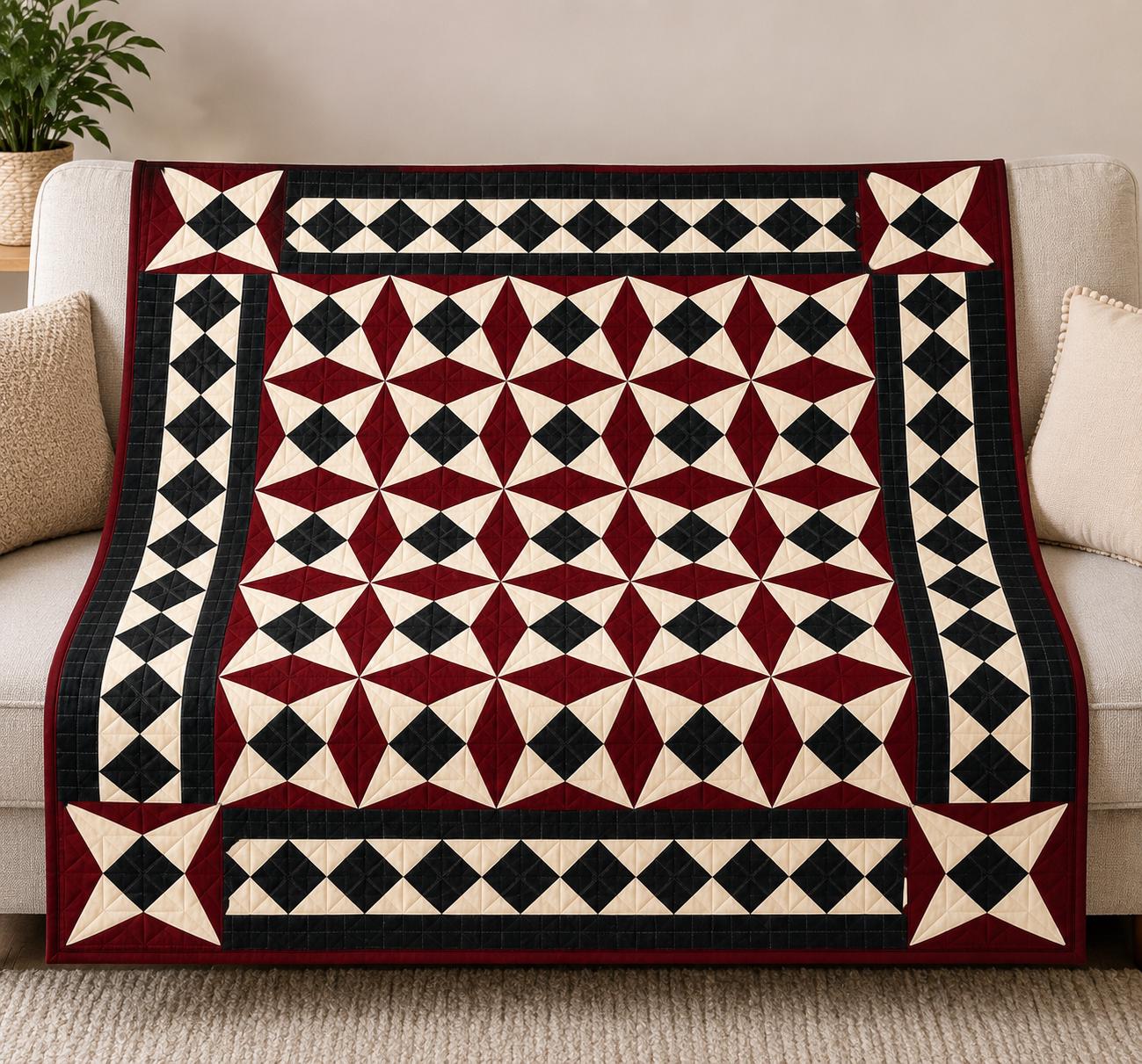 Primitive Spinning Wheel Quilt Hand Quilted Wall Hanging & Table Topper Plaid Country quilt decor by Home Heart Brands (Made in India)