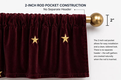 Velvet Star Embroidered Window Valance Gold Star Velvet Valance 2" Rod Pocket Custom Widths Farmhouse Window Treatment by Home Heart Brands