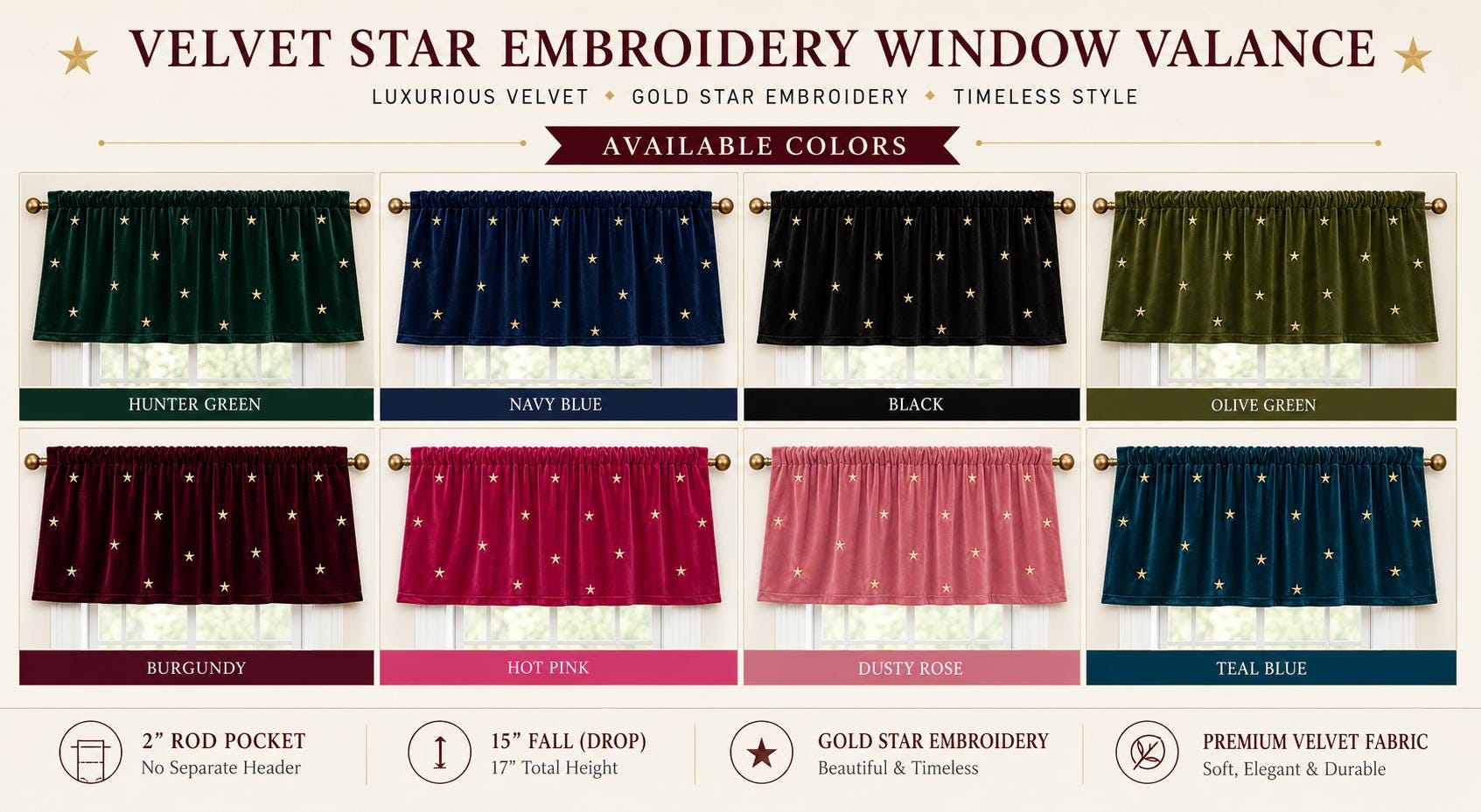 Velvet Star Embroidered Window Valance Gold Star Velvet Valance 2" Rod Pocket Custom Widths Farmhouse Window Treatment by Home Heart Brands