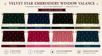 Velvet Star Embroidered Window Valance Gold Star Velvet Valance 2" Rod Pocket Custom Widths Farmhouse Window Treatment by Home Heart Brands