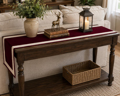 Burgundy Micro Velvet Table Runner with Ivory Lurex Jute Border Rustic Luxury Farmhouse Dining Decor by Home Heart Brands(made in INDIA)