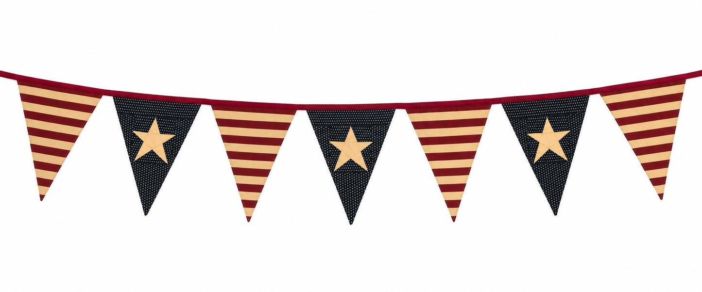 Primitive Americana Bunting Garland | Burgundy, Antique Cream & Navy Blue Patriotic Pennant Banner by HOME HEART Brands (Made in India)