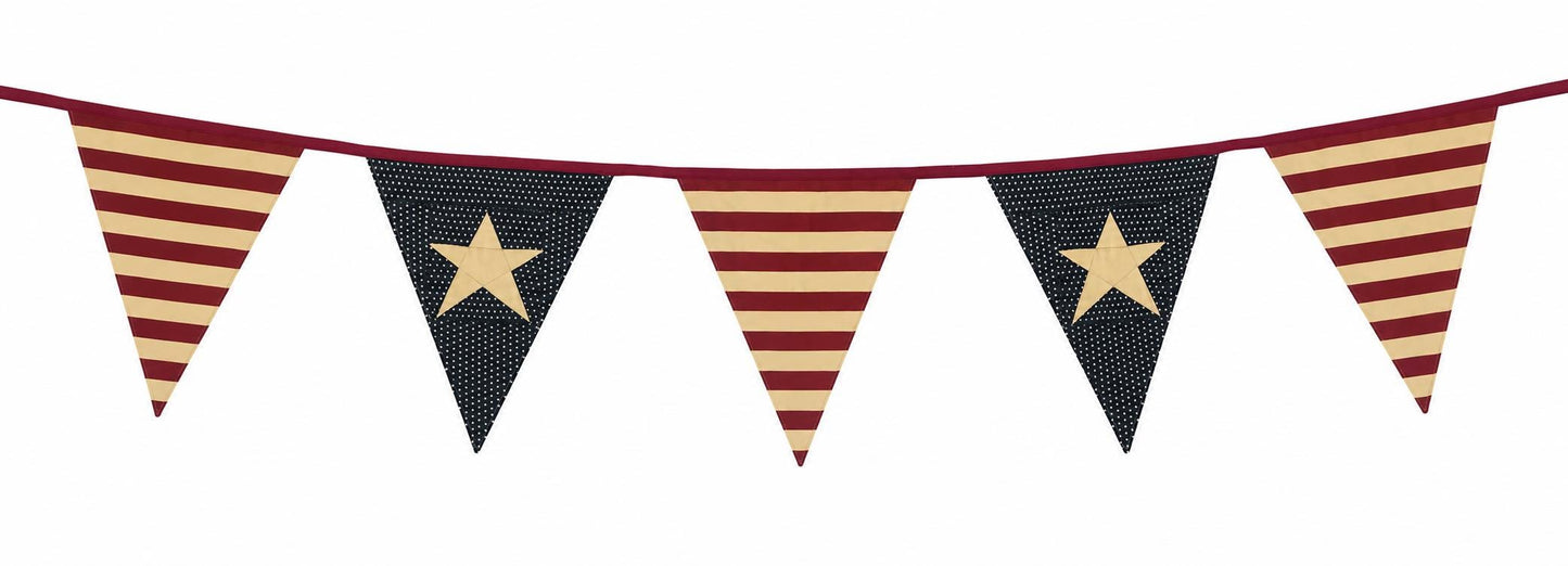Primitive Americana Bunting Garland | Burgundy, Antique Cream & Navy Blue Patriotic Pennant Banner by HOME HEART Brands (Made in India)