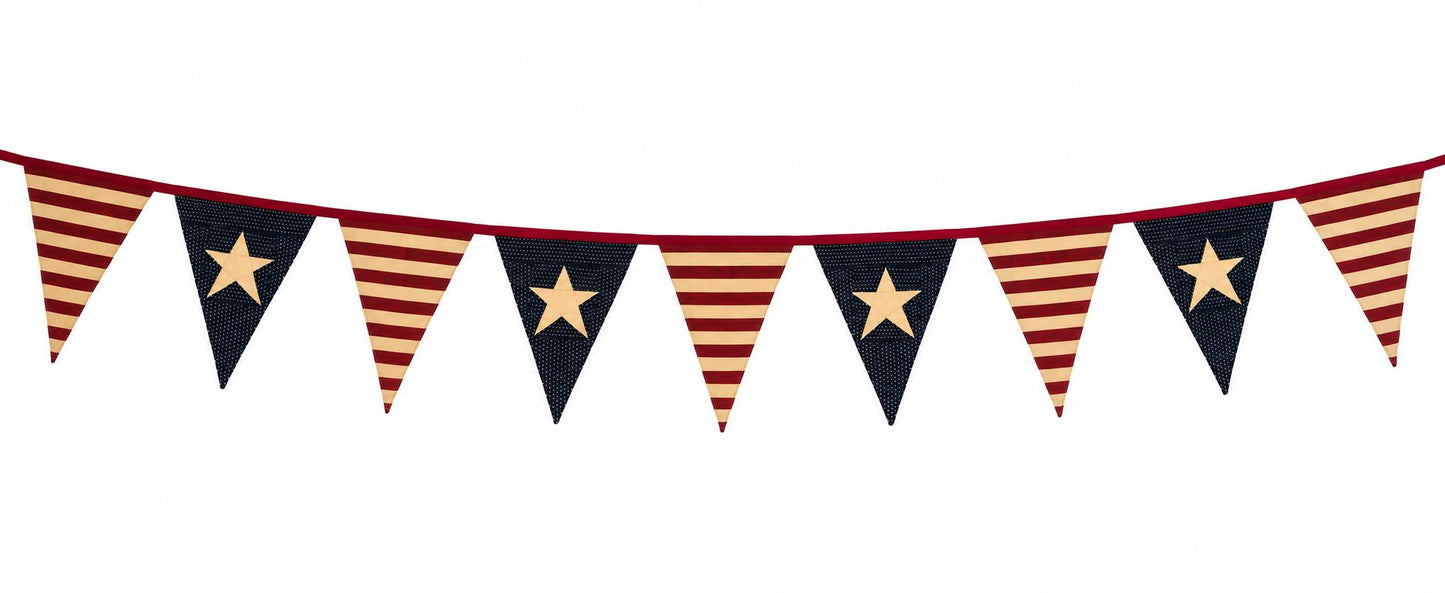 Primitive Americana Bunting Garland | Burgundy, Antique Cream & Navy Blue Patriotic Pennant Banner by HOME HEART Brands (Made in India)
