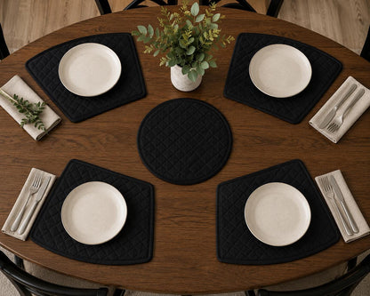 Custom Black Cotton Duck Wedge Placemat Set, 4 Wedge Mats & 1 Round Centerpiece, Diamond Quilted, Thin Lightweight, Made to Order