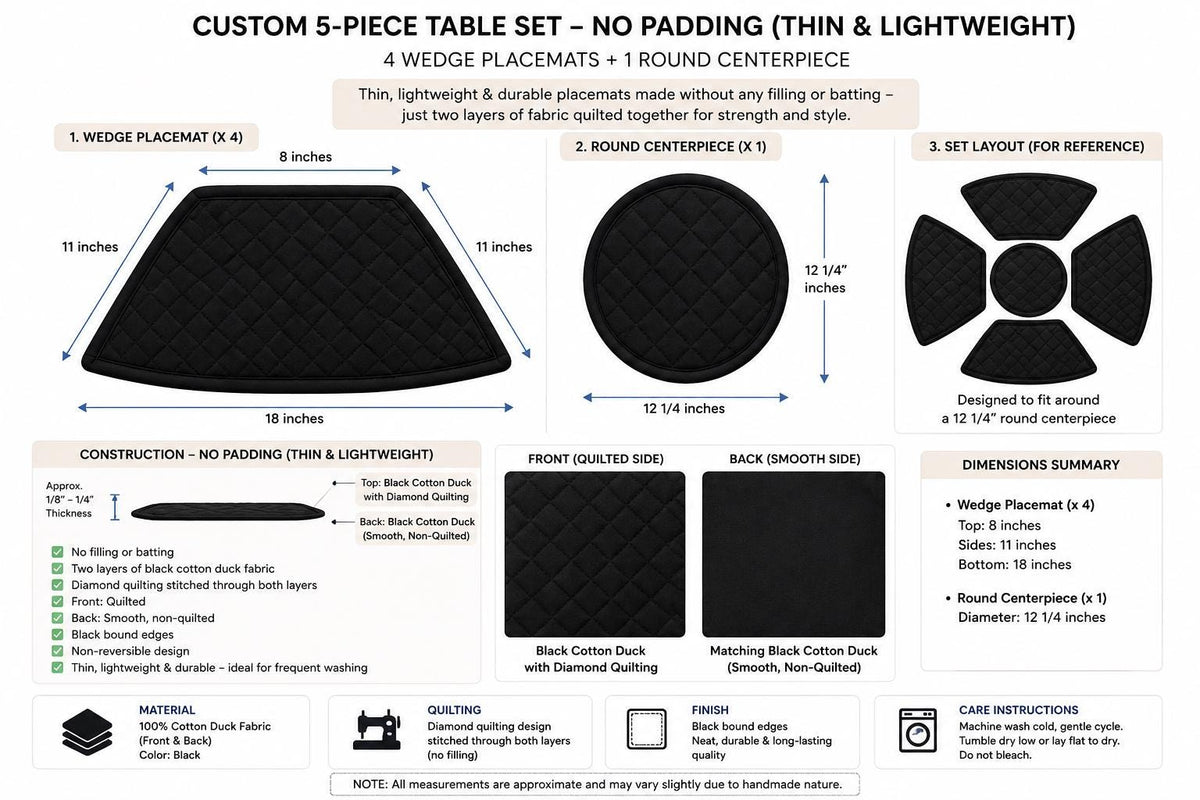 Custom Black Cotton Duck Wedge Placemat Set, 4 Wedge Mats & 1 Round Centerpiece, Diamond Quilted, Thin Lightweight, Made to Order