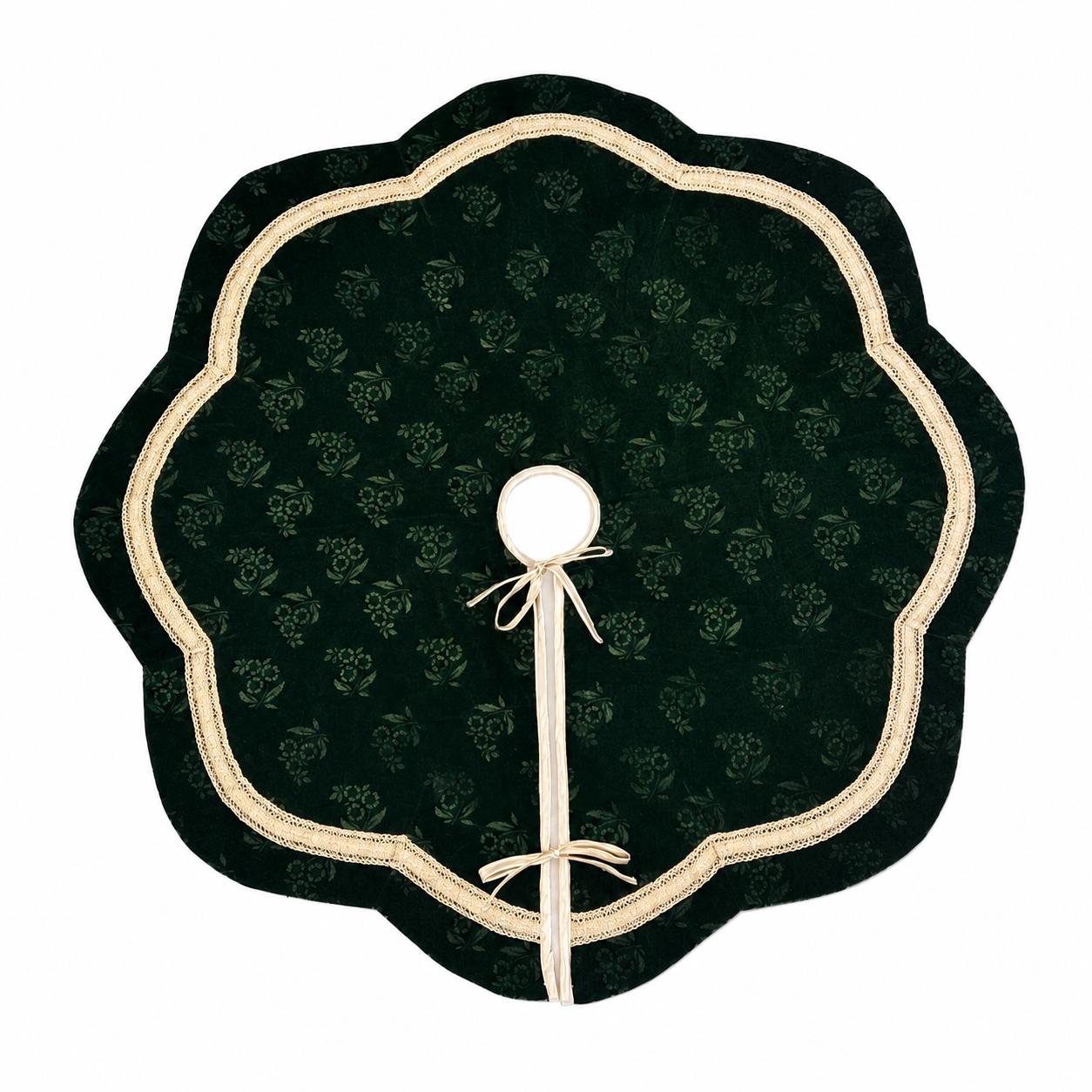 Elegant Floral Velvet Christmas Tree Skirt, Scalloped Tree Skirt with Champagne Trim, Luxury Holiday Tree Decor by HOME HEART Brands