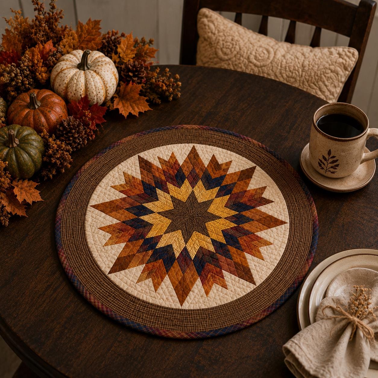 Autumn Leaves Quilted Table Topper Fall Centerpiece Mat, Handmade Patchwork Thanksgiving Table Decor by Home Heart brands (Made in India)