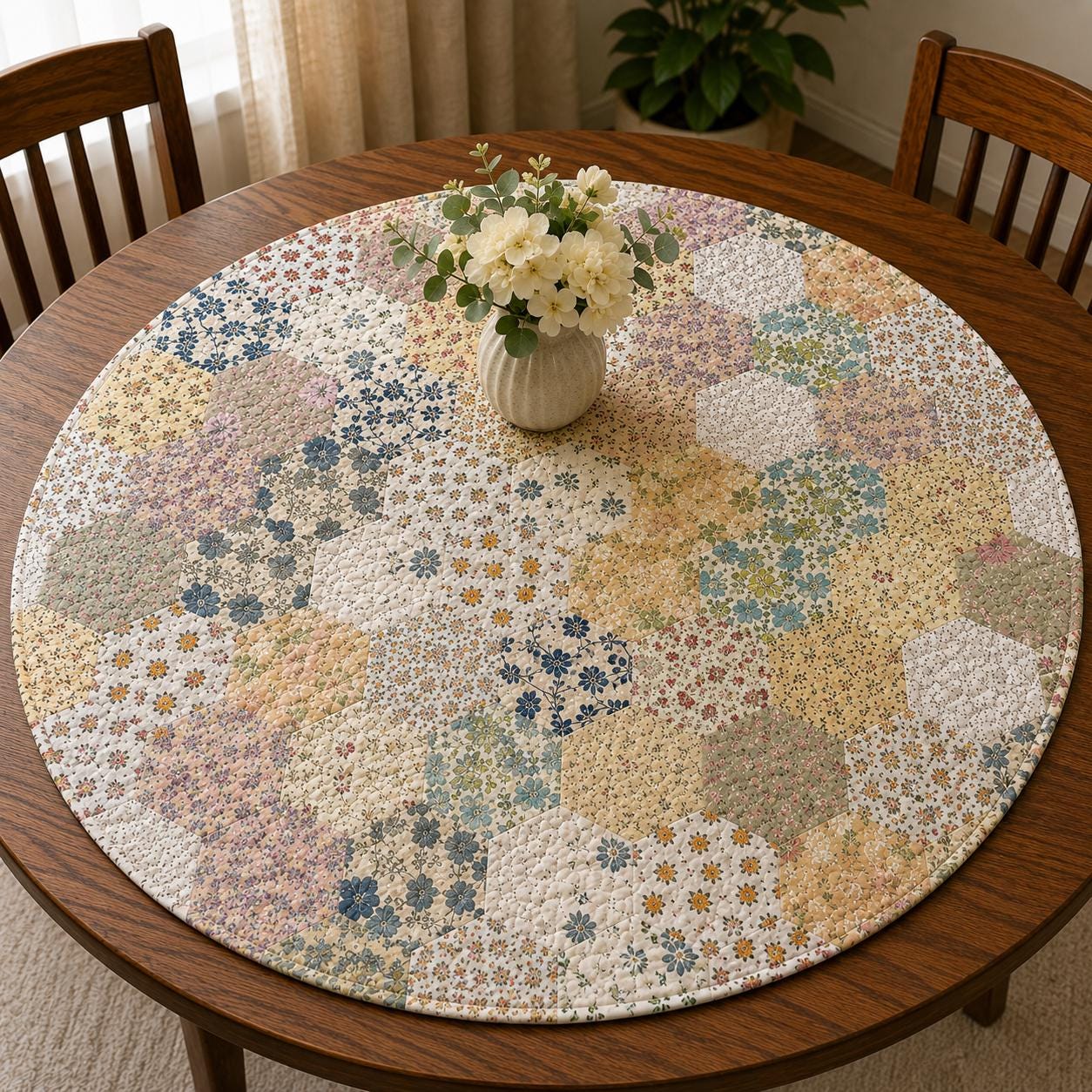 English Garden Hexagon Quilted Table Topper Handmade Floral Patchwork Round Tablemat farm Centerpiece by Home Heart Brands (Made in India)