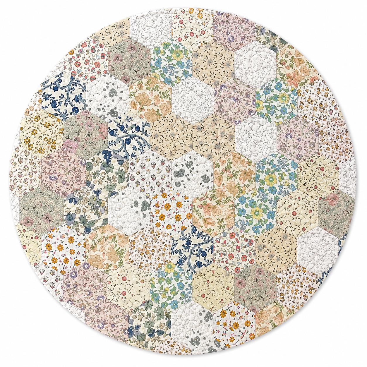 English Garden Hexagon Quilted Table Topper Handmade Floral Patchwork Round Tablemat farm Centerpiece by Home Heart Brands (Made in India)