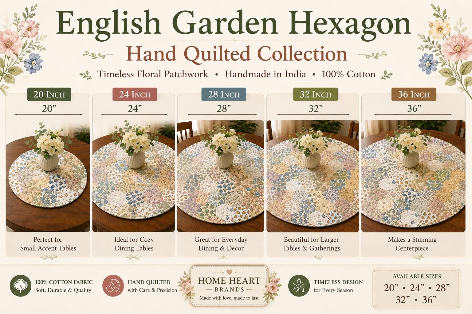 English Garden Hexagon Quilted Table Topper Handmade Floral Patchwork Round Tablemat farm Centerpiece by Home Heart Brands (Made in India)