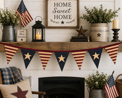 Primitive Americana Bunting Garland | Burgundy, Antique Cream & Navy Blue Patriotic Pennant Banner by HOME HEART Brands (Made in India)