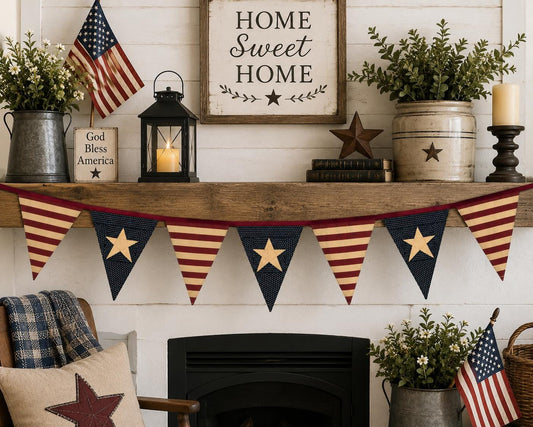 Primitive Americana Bunting Garland | Burgundy, Antique Cream & Navy Blue Patriotic Pennant Banner by HOME HEART Brands (Made in India)