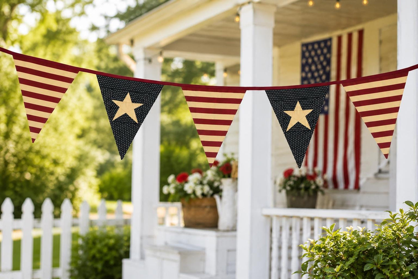 Primitive Americana Bunting Garland | Burgundy, Antique Cream & Navy Blue Patriotic Pennant Banner by HOME HEART Brands (Made in India)