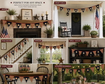 Primitive Americana Bunting Garland | Burgundy, Antique Cream & Navy Blue Patriotic Pennant Banner by HOME HEART Brands (Made in India)