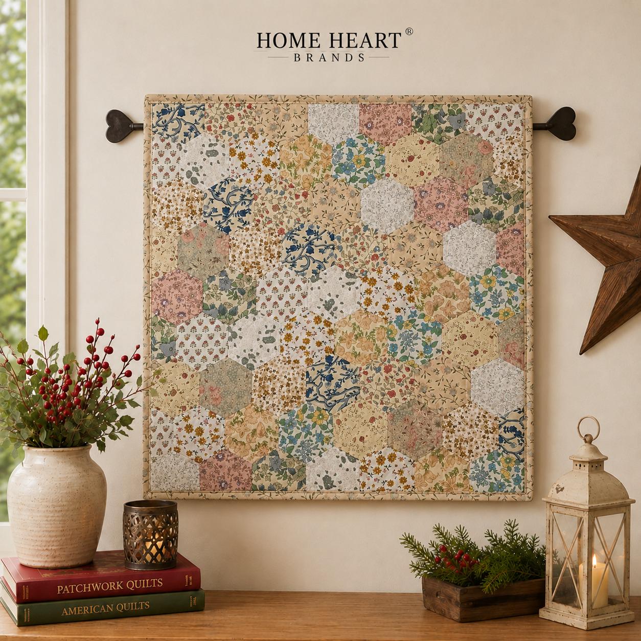 English Garden Hexagon Quilted Table Topper Handmade Floral Patchwork Wallhanging quilt Centerpiece by Home Heart Brands (Made in India)