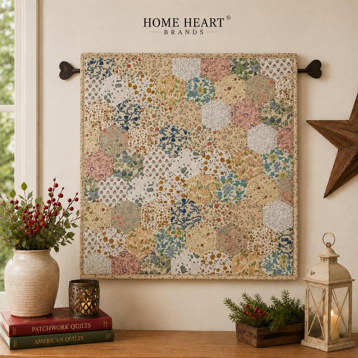 English Garden Hexagon Quilted Table Topper Handmade Floral Patchwork Wallhanging quilt Centerpiece by Home Heart Brands (Made in India)