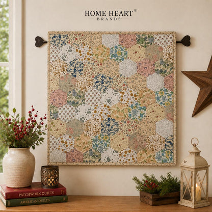 English Garden Hexagon Quilted Table Topper Handmade Floral Patchwork Wallhanging quilt Centerpiece by Home Heart Brands (Made in India)