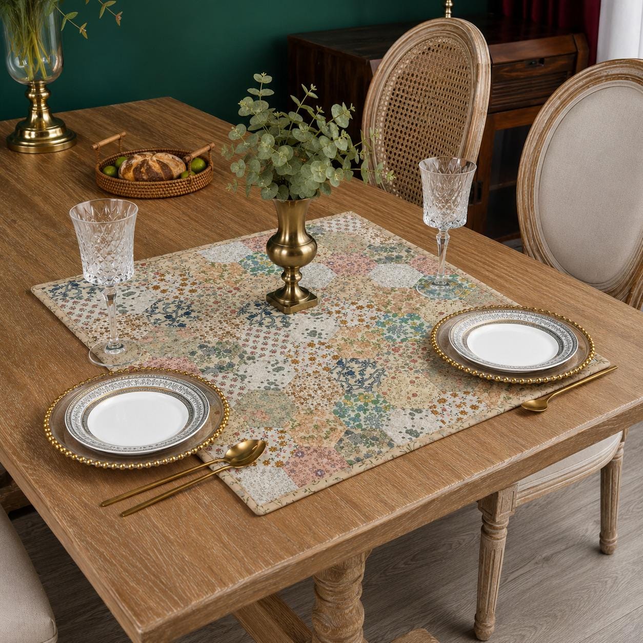 English Garden Hexagon Quilted Table Topper Handmade Floral Patchwork Wallhanging quilt Centerpiece by Home Heart Brands (Made in India)