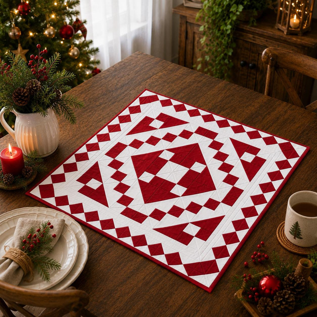 Diamond Chain Quilt Table Topper Quilted Table Topper Handmade Patchwork Wallhanging quilt Centerpiece by Home Heart Brands (Made in India)