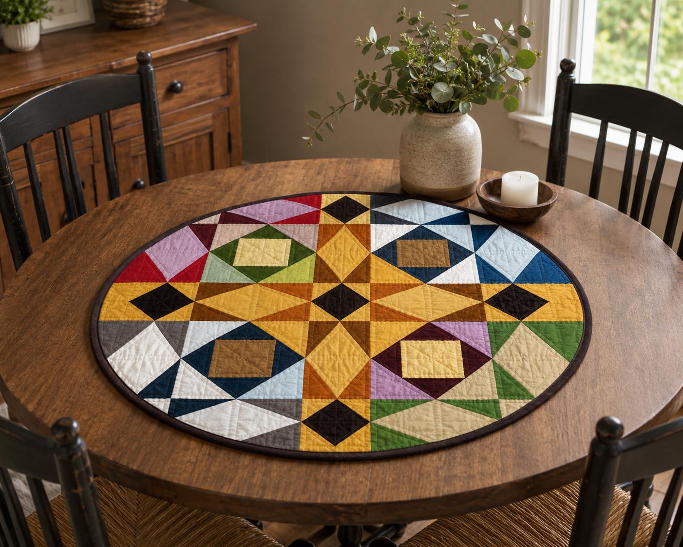 Primitive Patchwork Star Quilted Round Table Topper, Tree Mat, Wall Hanging, Farmhouse Geometric Decor by Home Heart Brands (Made in India)