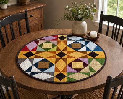 Primitive Patchwork Star Quilted Round Table Topper, Tree Mat, Wall Hanging, Farmhouse Geometric Decor by Home Heart Brands (Made in India)