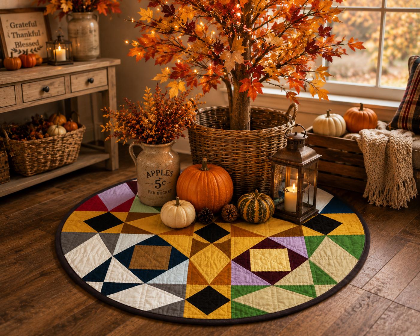 Primitive Patchwork Star Quilted Round Table Topper, Tree Mat, Wall Hanging, Farmhouse Geometric Decor by Home Heart Brands (Made in India)