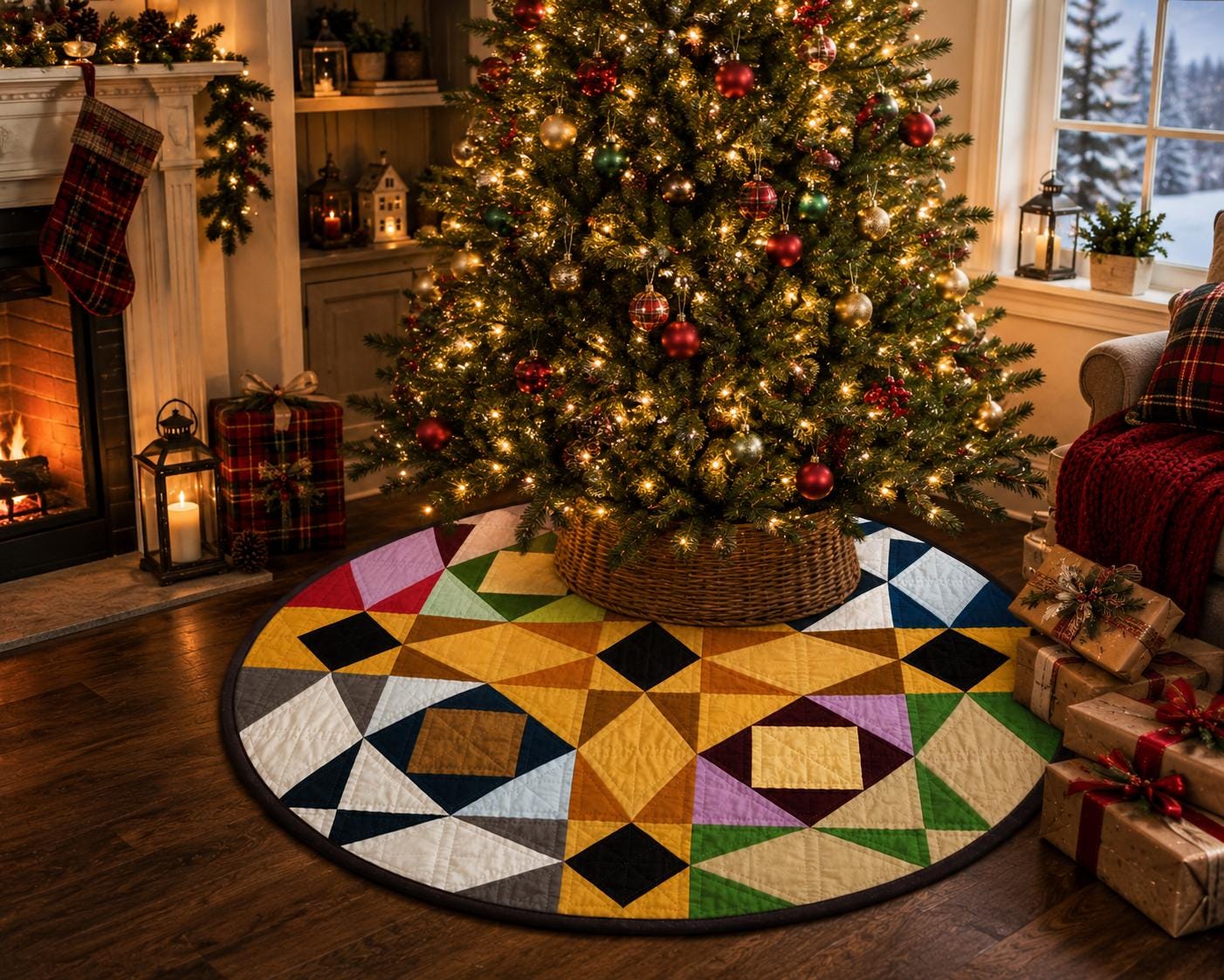 Primitive Patchwork Star Quilted Round Table Topper, Tree Mat, Wall Hanging, Farmhouse Geometric Decor by Home Heart Brands (Made in India)