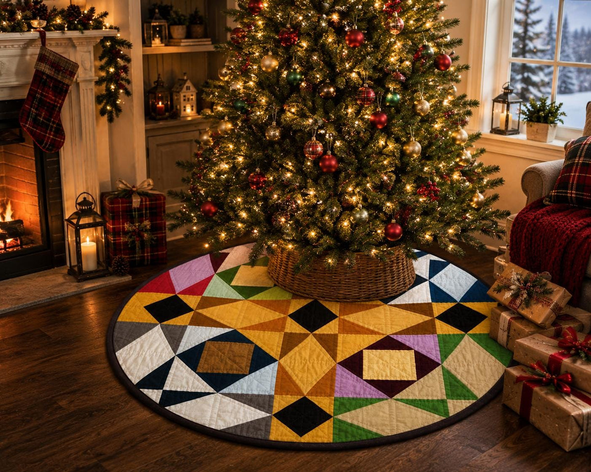 Primitive Patchwork Star Quilted Round Table Topper, Tree Mat, Wall Hanging, Farmhouse Geometric Decor by Home Heart Brands (Made in India)