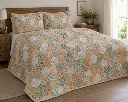 Made to Order English Garden Calico Floral Hexagon Quilt, Hand Quilted Patchwork Farmhouse Bedding by Home Heart Brands (Made in India)