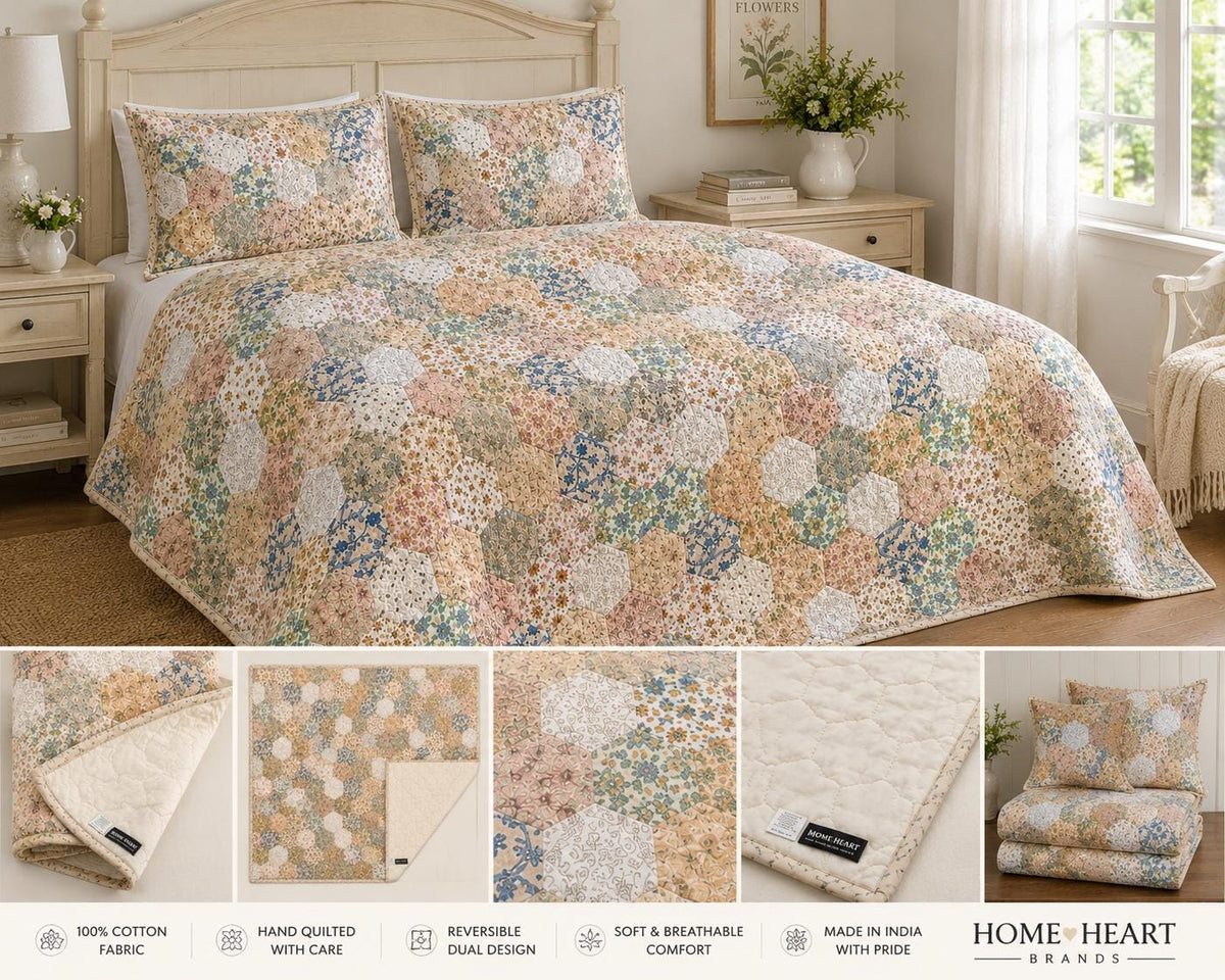 Made to Order English Garden Calico Floral Hexagon Quilt, Hand Quilted Patchwork Farmhouse Bedding by Home Heart Brands (Made in India)