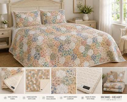 Made to Order English Garden Calico Floral Hexagon Quilt, Hand Quilted Patchwork Farmhouse Bedding by Home Heart Brands (Made in India)